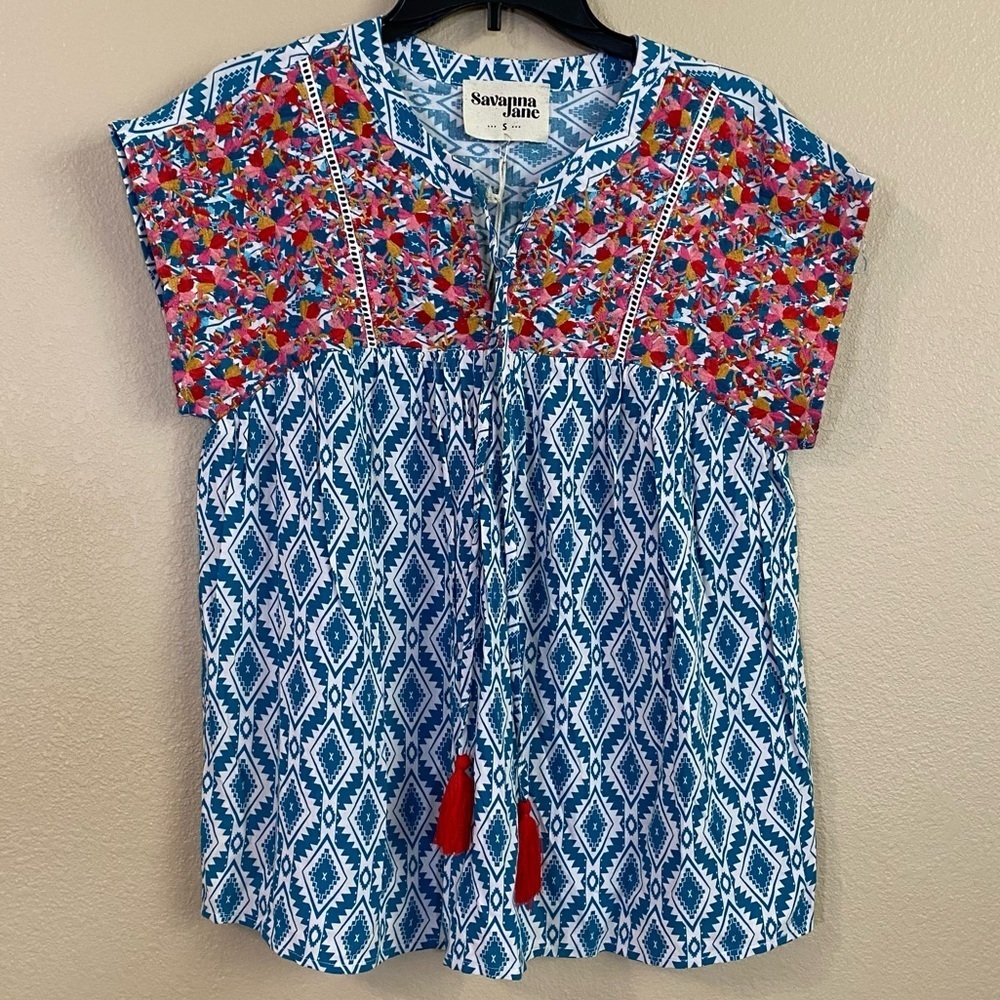 Savanna Jane New Womens Size S Embroidered Aztec Print Babydoll Top Turquoise‎